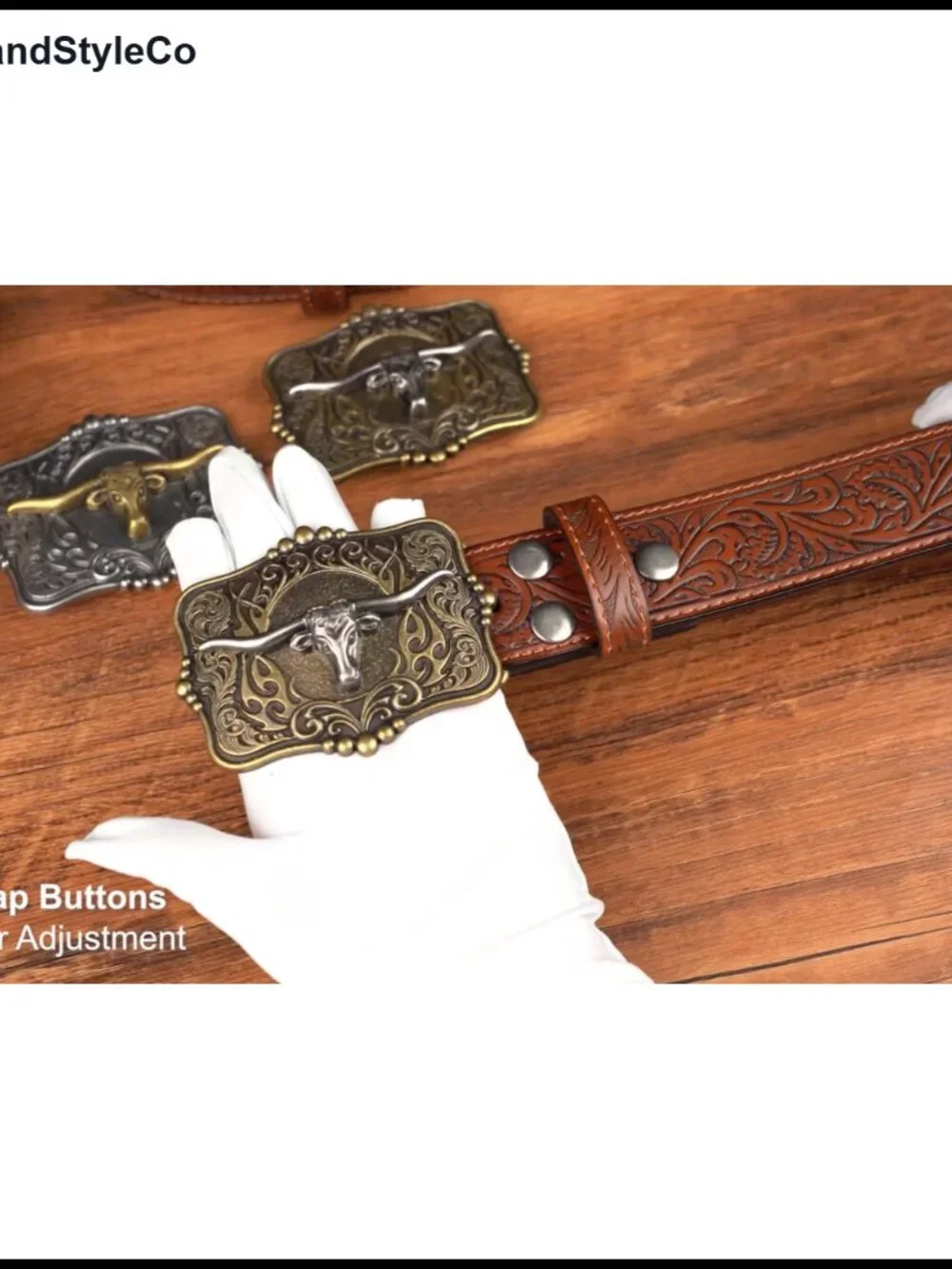 Cowboy Western Embossed Leather Belt with Longhorn Buckle